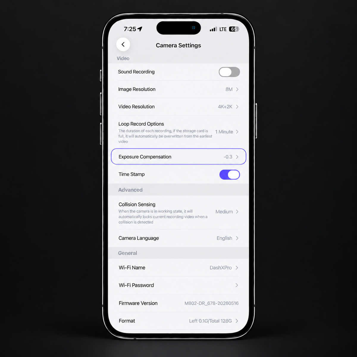 EVOLYF DashX Pro dash cam app showing exposure compensation settings on a smartphone.