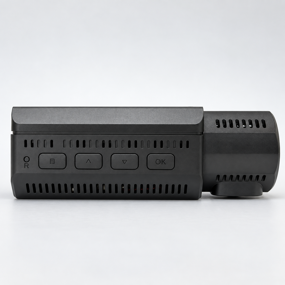  EVOLYF DashX Pro 4K dual dash cam showing its bottom view with control buttons and ventilation slots