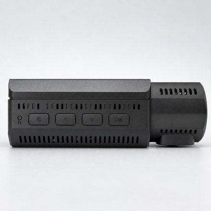  EVOLYF DashX Pro 4K dual dash cam showing its bottom view with control buttons and ventilation slots