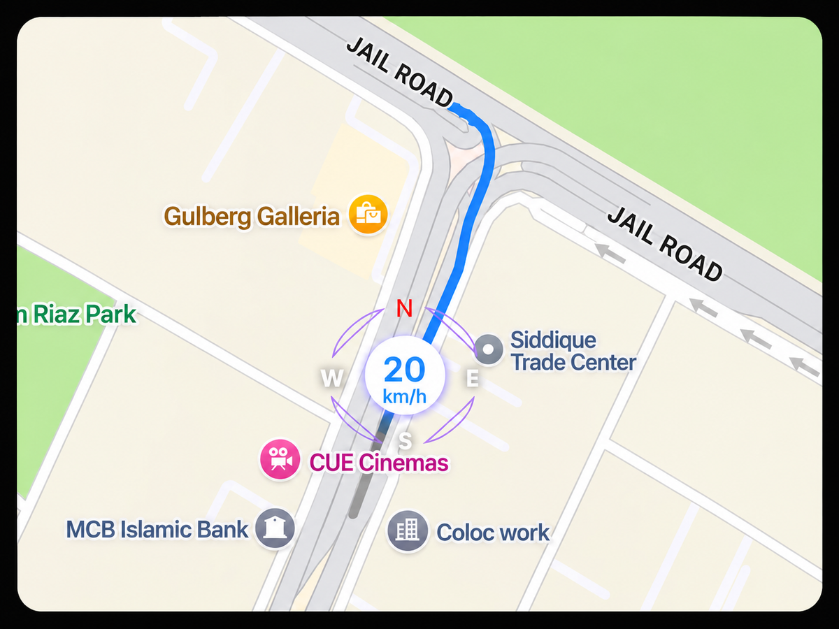 EVOLYF DashX Pro built-in GPS map showing a blue navigation route, driving location, and speed of 20 km/h