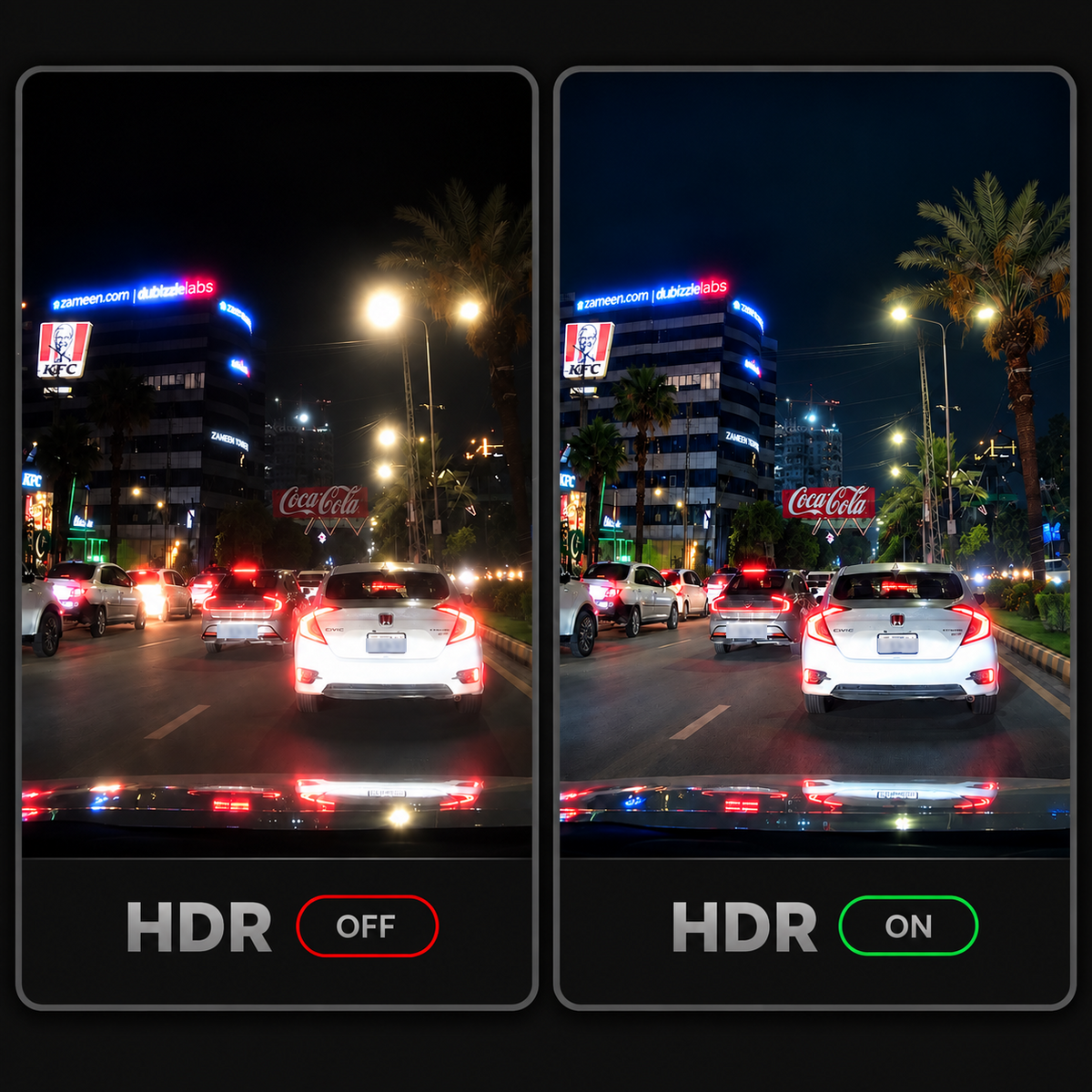 DashX Pro dash cam HDR comparison showing night driving footage with HDR off and HDR on