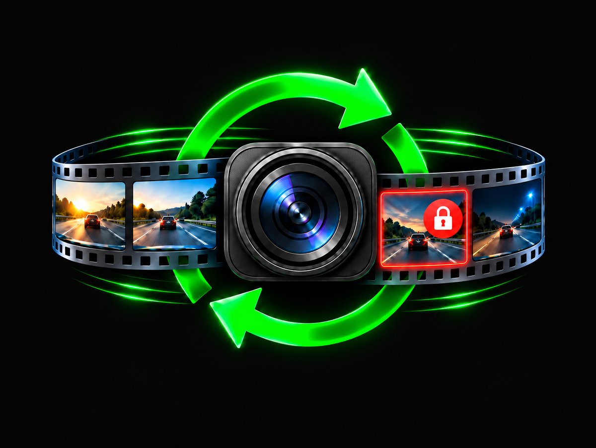EVOLYF DashX Pro loop recording showing continuous footage, automatic replacement of older recordings, and locked footage kept safe