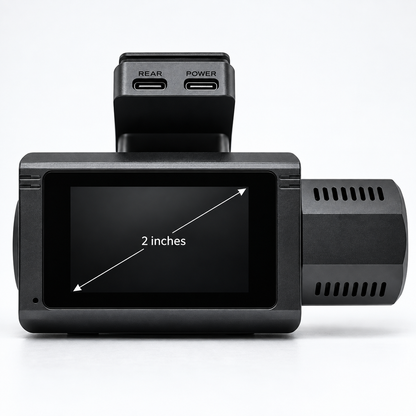 EVOLYF DashX Pro dash cam rear display showing its 2-inch screen with diagonal measurement arrows and rear and power ports