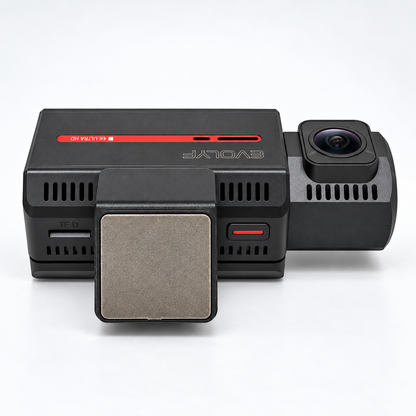 EVOLYF DashX Pro 4K dash cam top view showing the power button, microSD memory card slot, ventilation slots, and mounting bracket