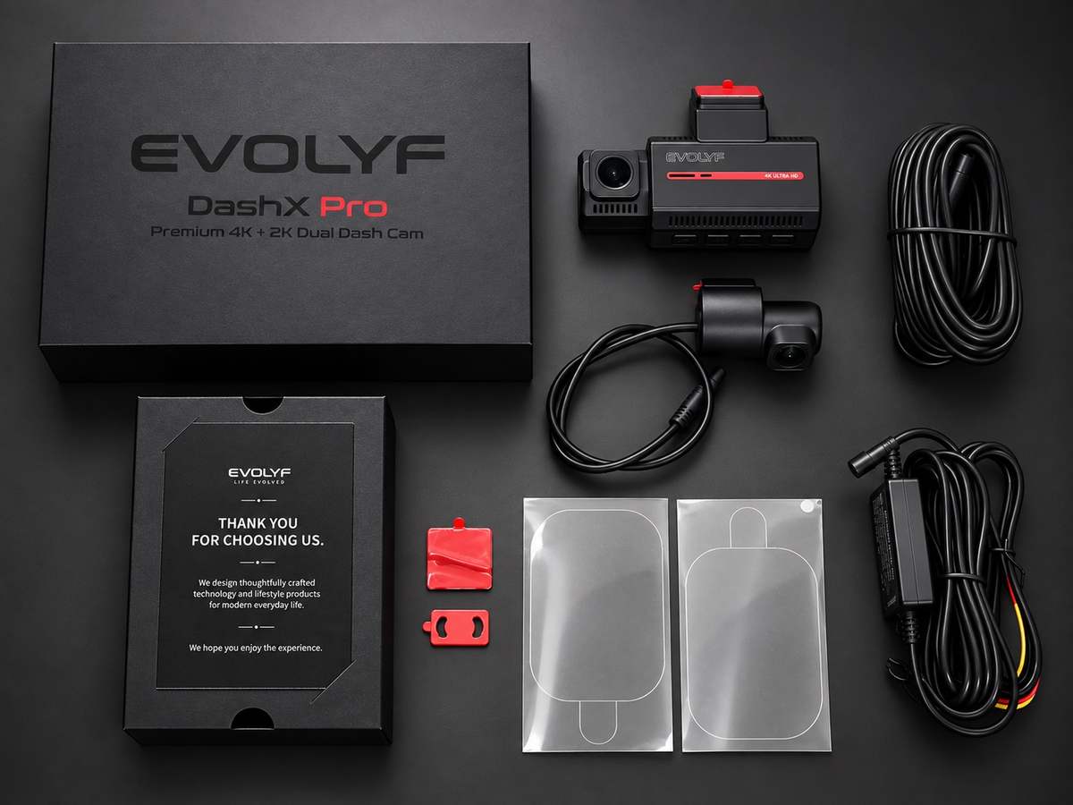 EVOLYF DashX Pro 4K + 2K dual dash cam with front and rear cameras, hardwire kit, rear camera cable, mount, electrostatic stickers, and accessories included in the box