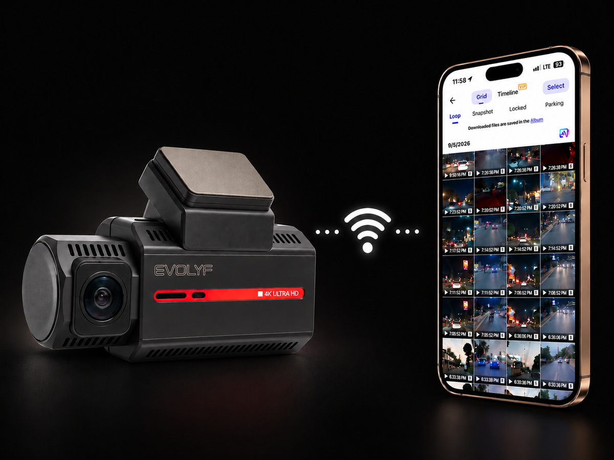 EVOLYF DashX Pro 4K dual dash cam with Wi-Fi app connection on smartphone