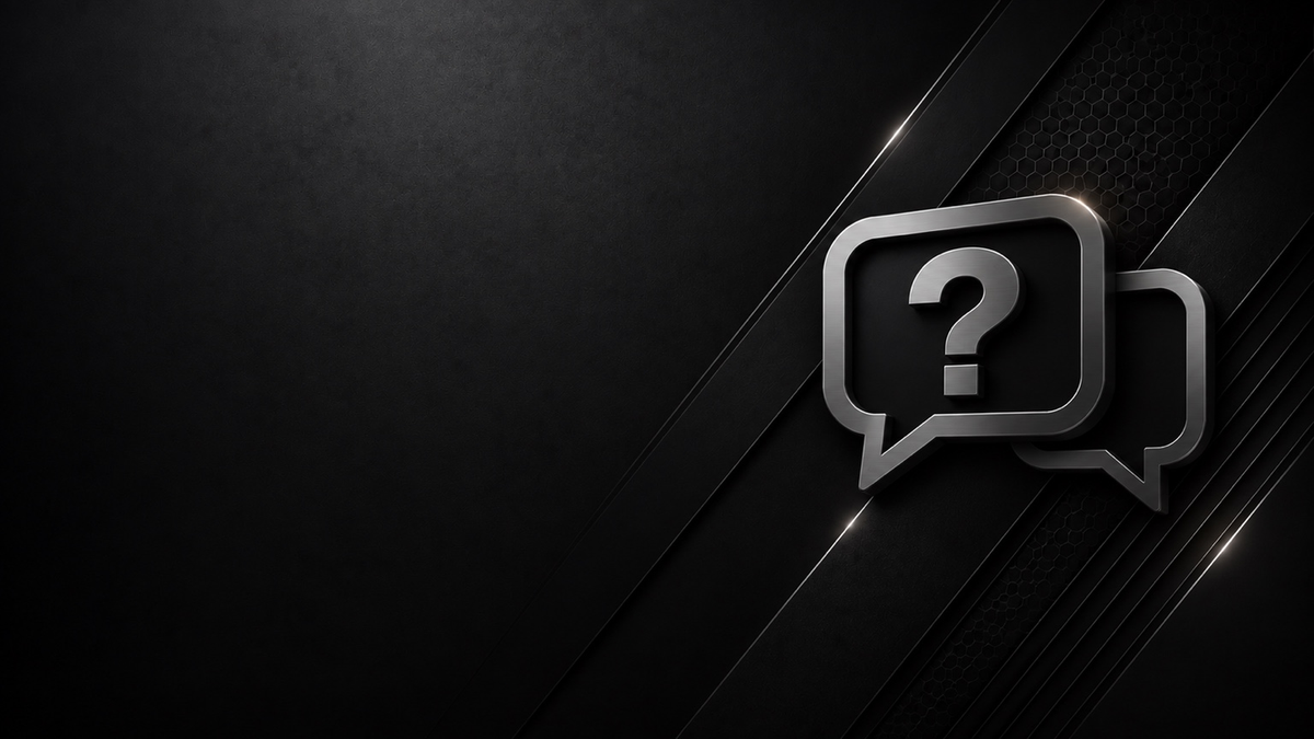 EVOLYF FAQ banner with metallic question mark speech bubbles on a dark charcoal background