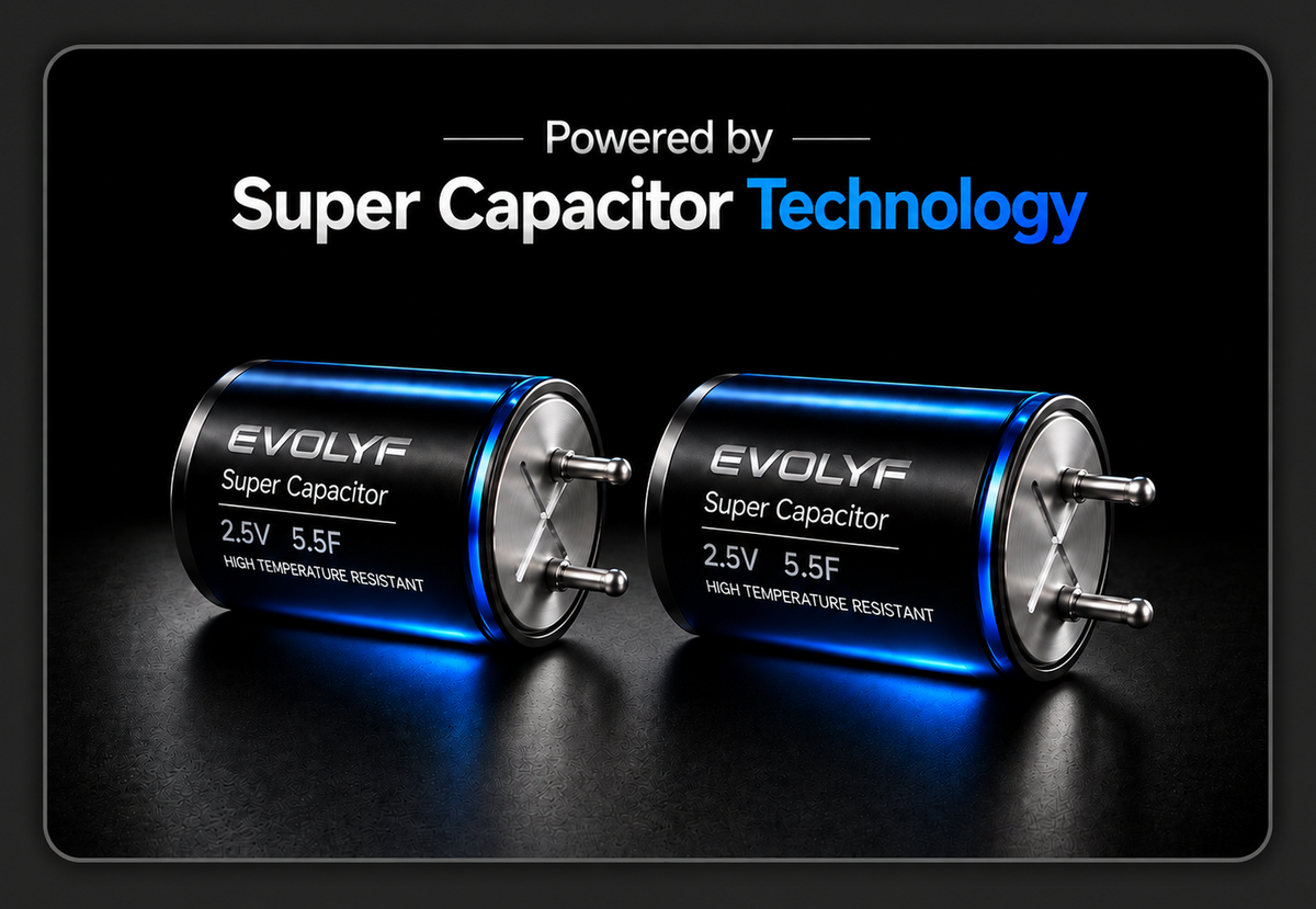 EVOLYF Super Capacitor Technology featuring two high-temperature-resistant 2.5V 5.5F super capacitors